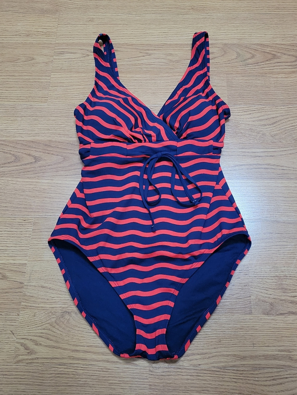 Tommy Bahama Red and Navy Wave-Stripe One-Piece Swimsuit